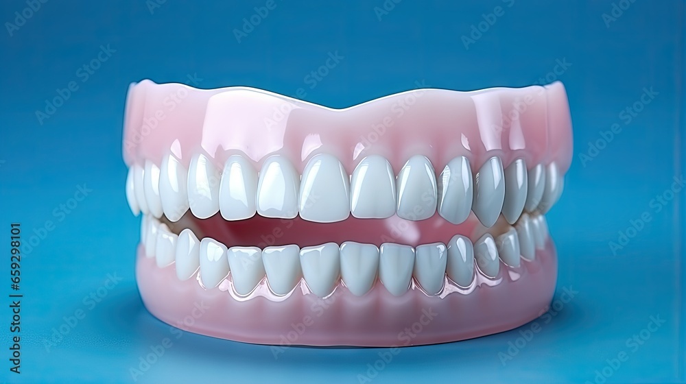 Blue plastic model of teeth gums and jaw on a clean background ...