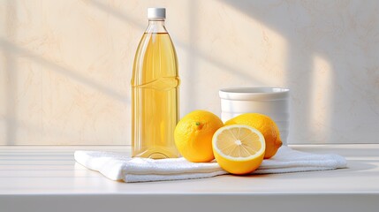Poster - Assortment of cleaning supplies on tile background