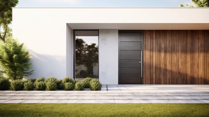 Aufkleber - 3D rendering of a modern home with green grass lawn wooden door entrance and empty white concrete wall