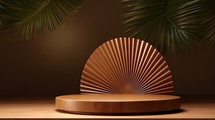 Poster - 3D render of empty space on wooden stand with tropical leaves on brown background for product display Sunlight Hawaii Table top Podium Templates Backdrop Beauty