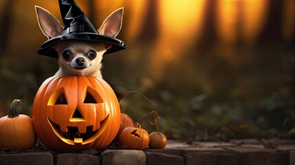 Aufkleber - Chihuahua dog with sunglasses and witch hat sitting on garden tile with pumpkin basket