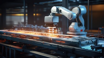 3D illustration of a factory machine with a conveyor and an engineering robot arm sorting light bulbs Modern industrial technology at an automatic factory line