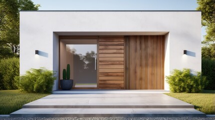 Aufkleber - 3D rendering of a modern home with green grass lawn wooden door entrance and empty white concrete wall