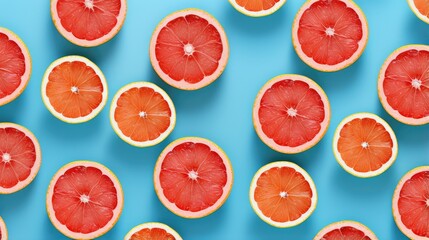 Poster - Colorful grapefruit slices on blue background top view