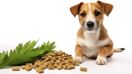 CBD and medical marijuana for pets concept Isolated dog treats and cannabis leaves on white background