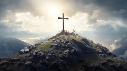 Poster - Christianity celebrates the resurrection of Jesus at Easter symbolized by a cross on a mountain embodying faith and spirituality