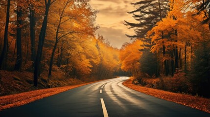 Aufkleber - Autumn road through European woods beautiful with orange trees overcast sky