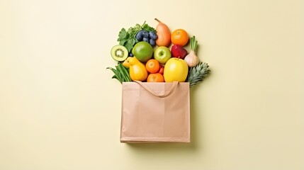 Wall Mural - Assorted tropical produce for healthy eating and grocery shopping Overhead view Flat lay