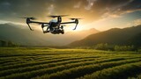 Fototapeta Tęcza - Drone in action over tea field at sunrise