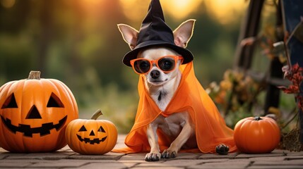 Aufkleber - Chihuahua dog with sunglasses and witch hat sitting on garden tile with pumpkin basket