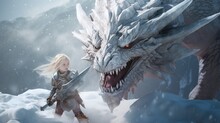 A Tiny Warrior Girl Rides A White Dragon In Armor Ready For Battle