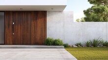 3D Rendering Of A Modern Home With Green Grass Lawn Wooden Door Entrance And Empty White Concrete Wall