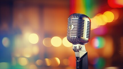 Poster - Blurry colorful lighting in the background of a pub and restaurant with a retro microphone