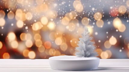 Aufkleber - Blank white table with abstract cozy Christmas themed living room decor and snowy blurred background