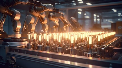 3D illustration of a factory machine with a conveyor and an engineering robot arm sorting light bulbs Modern industrial technology at an automatic factory line