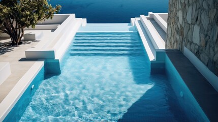 Poster - Bird s eye view of rectangular pool with transparent water stairs and cobblestone poolside