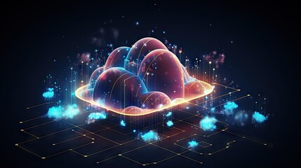 Poster - Data is transferred to cloud computing via storage technology concepts with a prominent large cloud icon in the center and a small one in a dark blue background connected to polygons