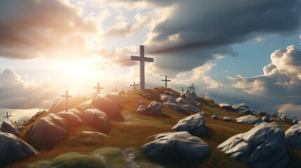 Poster - Christianity symbolizes with hill crosses and sun rays