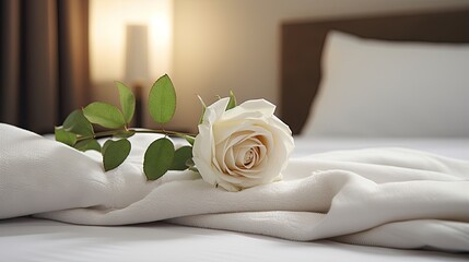 Poster - Cozy elegant hotel room with a welcoming white towel and flower near the pillows of a bed with white sheets