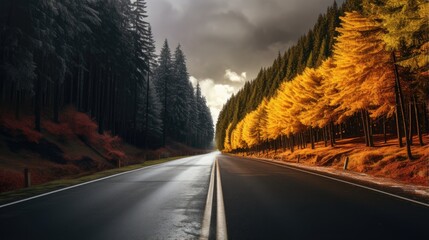 Aufkleber - Autumn road through European woods beautiful with orange trees overcast sky