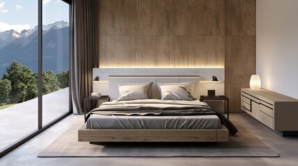 Poster - 3D rendering of a spacious master bedroom with white and wooden walls concrete floor comfortable bed home office corner with table and chair and blurry mountain view