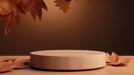 Poster - Autumn themed cosmetic display on wooden platform with 3D background and copy space