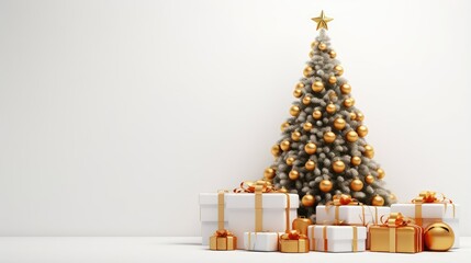 Poster - 3D rendered Christmas tree with presents on white background and copy space