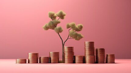 Poster - Coin stacks with growing trees on a pink background representing business investment and saving money