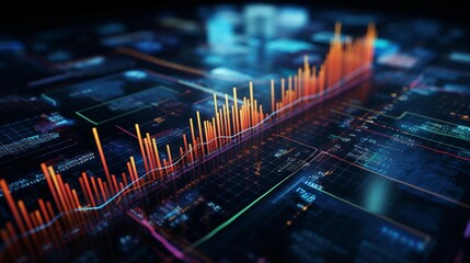 A composition of abstract metrics and indicators charting an upward trajectory, allowing space for text, background image, AI generated