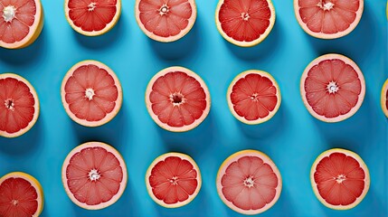Wall Mural - Colorful grapefruit slices on blue background top view