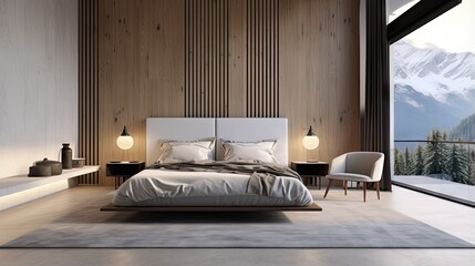 Poster - 3D rendering of a spacious master bedroom with white and wooden walls concrete floor comfortable bed home office corner with table and chair and blurry mountain view