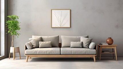 Poster - Beautiful living room with gray Scandinavian sofa wooden furniture and decorative pillows