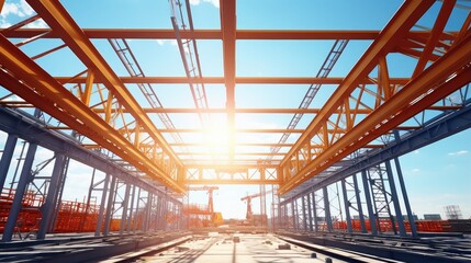 Poster - Construction of the steel building s pillars using a crane in a factory under the blue sky