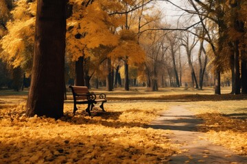 Wall Mural - autumn landscape, beautiful city park with fallen yellow leaves.