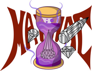 Illustration of a poison fluid-filled hourglass decorated with pierced steel. Rock and metal-themed posters and T-shirt designs, bearing the words Maniac