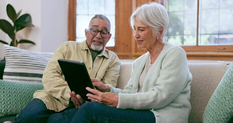 Wall Mural - Happy senior couple, tablet and sofa to download news app, reading social media post or ebook. Elderly man, woman and interracial partner scroll on digital blog, online shopping or talk in retirement