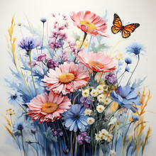 Wild Flowers Butterflies Digital Paper Clip Art  Sublimation Background