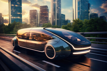Self-driving futuristic car of the future on the highway