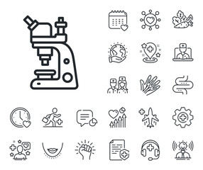 Poster - Chemistry lab sign. Online doctor, patient and medicine outline icons. Microscope line icon. Analysis symbol. Microscope line sign. Veins, nerves and cosmetic procedure icon. Intestine. Vector