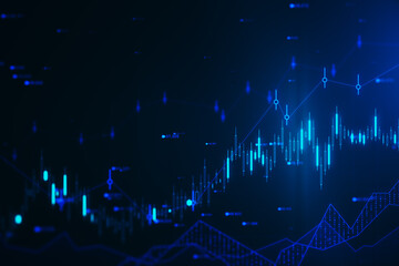 Poster - Glowing candlestick forex chart and index hologram on blurry wallpaper. Trade and stats concept. 3D Rendering.