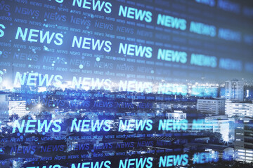 Aufkleber - Creative hi-tech news hologram on blurry city backdrop . Television and digital communication concept. Double exposure.