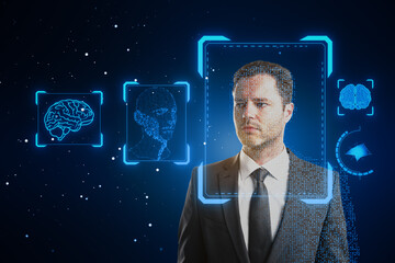 Aufkleber - Portrait of attractive businessman with face recognition hologram on blurry blue background. Face ID and password concept.