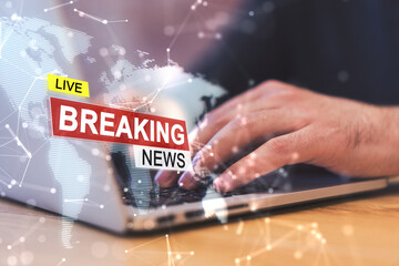 Wall Mural - Close up of businessman hands using laptop with creative polygonal hi-tech breaking news hologram on blurry background. Television, online news and digital communication concept. Double exposure.