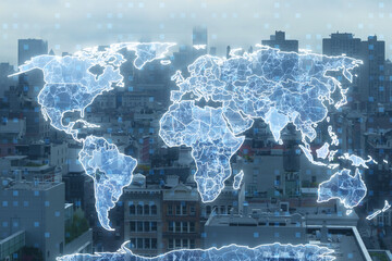 Poster - Creative glowing polygonal map hologram on blurry city backdrop. Global community and network concept. Double exposure.