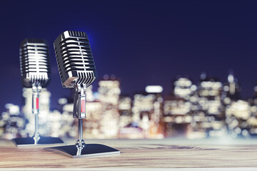 Poster - Close up of steel vintage singing vocal microphones on wooden surface and blurry night city backdrop. 3D Rendering.