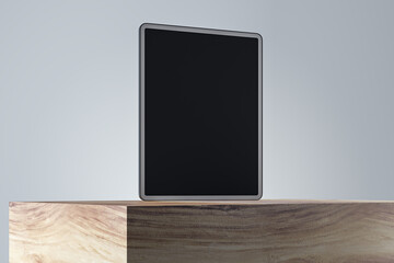 Aufkleber - Close up of empty tablet screen on wooden surface and gray wall background. Product presentation and advertisement concept. Mock up, 3D Rendering.