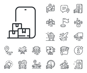 Poster - Internet delivery sign. Plane, supply chain and place location outline icons. Online storage line icon. Mobile device service symbol. Online storage line sign. Taxi transport, rent a bike icon. Vector