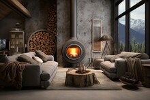 3D living room with pellet stove. Generative AI
