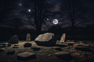 Poster - A collection of ancient runestones is scattered on an oak table, illuminated only by the moonlight 