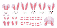 Cartoon Bunny Elements. Cute Bunny Footprint Trail, Paws, Ears And Faces. Funny Bunnies Head And Muzzle. Decorative Element For Easter. Printable Stickers Scrapbooking. Vector Set
